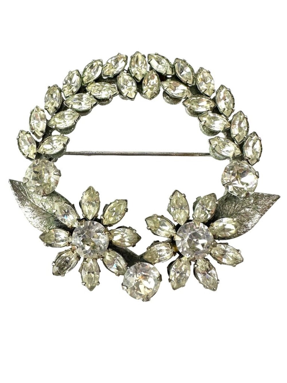 Sterling Silver Vintage Clear Crystal Wreath Brooch